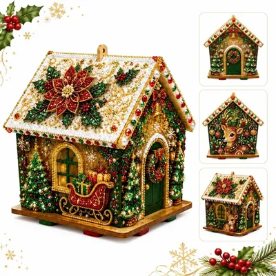 Imagen del producto de Kit de pintura con diamantes - Kit de manualidades - Adornos navideños de madera en 3D - Motivo: casa - Con perlas - Kit de manualidades creativo para adultos - Pequeño reno