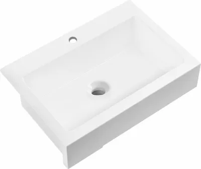 A white ceramic sink with a faucet hole and a drain hole, shown from a diagonal angle against a white background.