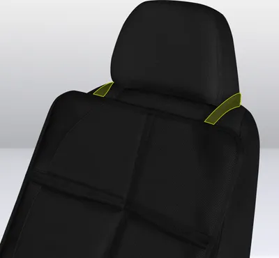 A black car seat protector is shown attached to a car seat, with yellow straps highlighting its attachment points.