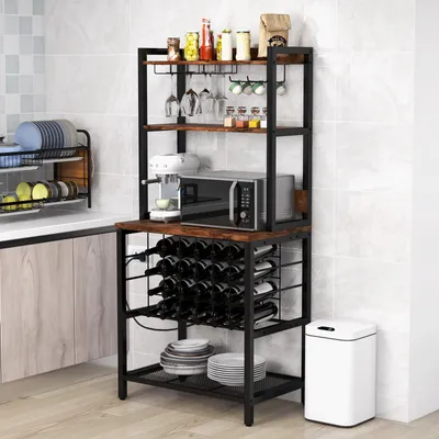 Produktbild von GOPLUS 5 Ebenen Weinregal mit Ladestation für 24 Flaschen, Flaschenregal mit Glashaltern & Ablagen, Küchenregal Standregal Mikrowellenregal Küche