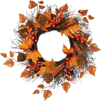 Produktbild von Herbstkranz 45 cm – Beeren + Ahornblätter, Halloween/Erntedankfest/Erntedankfest