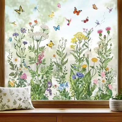 Produktbild von wondever Fenstersticker Frühling Wildblumen Fenster Aufkleber Vintage Blumen Gras Schmetterling Fensterbilder Fensteraufkleber Anti-Kollision Doppelseitig Glasaufkleber Glas Deko