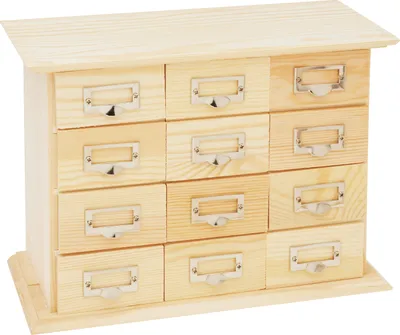 A wooden cabinet with multiple small drawers, each with a silver label holder.
