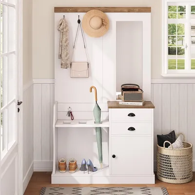 Produktbild von Garderobenset mit  Spiegel Haken Schubladen und Schirmständer Flurgarderobe Wandgarderoben-Set 110.5 L x 38 B x 191 H Weiß