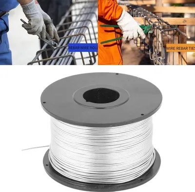 Collage showing construction workers using rebar tie wire and a spool of rebar tie wire.
