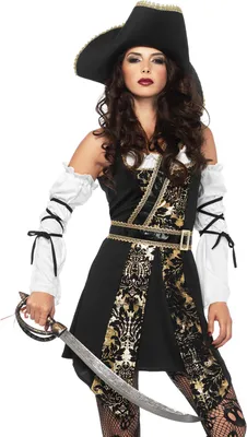 A woman dressed as a pirate holding a sword.