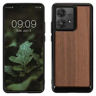 Produktbild von kwmobile Handyhülle für Motorola Edge 40 Neo Hülle Holz - Case mit TPU Bumper - Stoßfestes Hardcase - Schutzhülle Cover in Dunkelbraun