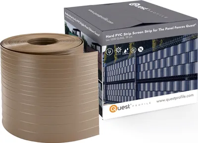 A roll of brown PVC screening strip is shown next to its packaging box, which displays an image of a fence with the screening strip installed.