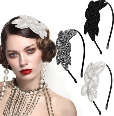 Immagine prodotto di Uniqoos® Set da 3 cerchietti per capelli in stile anni '20 – Cerchietti da donna con perline e strass, motivo a foglia, colori nero/argento/bianco, accessorio vintage in stile Gatsby