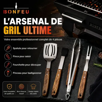 Image de Ensemble BonFeu BonTool 4 pièces – Set d'ustensiles de barbecue haut de gamme en acier inoxydable et bois d'acacia – Accessoires de barbecue