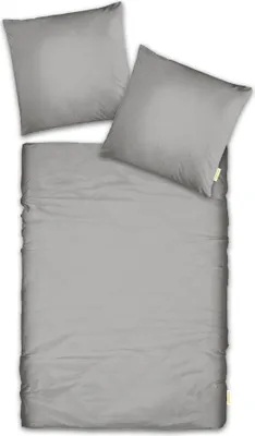 A top-down view of a grey bedding set, including a duvet cover and two pillowcases, laid out on a white background.