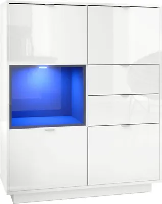 Produktbild von Vladon Highboard Sideboard Metro,  Germany, Korpus in Weiß Hochglanz / Fronten in Weiß Hochglanz mit Einsatz in Schwarz Hochglanz, inkl. LED Beleuchtung