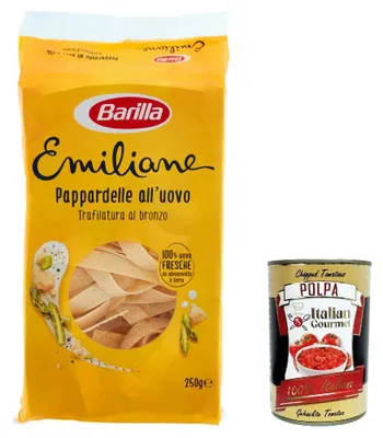 Produktbild von 3x Barilla Pasta all' Uovo Le Emiliane Pappardelle, Eiernudeln, Pasta mit Ei 250g + Italian Gourmet polpa 400g