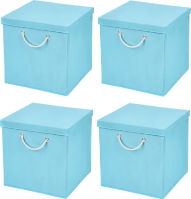 Produktbild von 4 Stück Hellblau Faltbox 30 x 30 x 30 cm Aufbewahrungsbox faltbar mit Kordel und mit Deckel