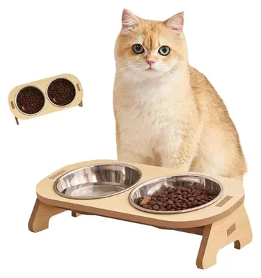 Immagine prodotto di Ciotola per gatti in acciaio inossidabile rialzata, con supporto in bambù – ciotola per cibo e acqua, antiscivolo