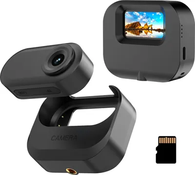 A black mini sport camera, its battery charging case, and a TF card are displayed against a white background.