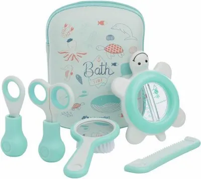 Produktbild von Bebeconfort Babypflege-Set, Inklusive Babyhaarbürste, Babykamm mit Babyspiegel, Baby-Nagelknipser, Babyschere und Baby-Badethermometer,Wasserwelt Blau