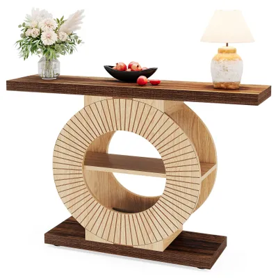Produktbild von Tribesigns Konsolentisch mit Lagerung, Holz Eingangstisch für Wohnzimmer, 100 cm Sofa Tisch Kleine Akzent Flur Tisch mit Regalen und Kreis Basis