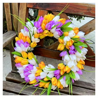 Produktbild von Künstlicher Tulpenkranz 45 cm, Frühlingskranz mit Tulpen für Zuhause und Hochzeitsdekoration (Lila)
