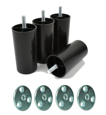 Obrázok produktu pre Sada 4 ks plastových nožičiek na nábytok, čierne, M8 x 25 mm, výška 100 mm, vrátane 4 ks montážnych podložiek z ocele Ø 40 mm, nožičky na pohovku, posteľ a skriňu