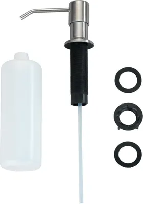 A soap dispenser and its components are laid out against a white background.