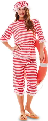 Retro Badeanzug Kostüm rot-weiß gestreift mit Badehaube für Damen Gr. 42-46 Paarkostüm Fasching Karneval Beachparty 20er Jahre Mottoparty