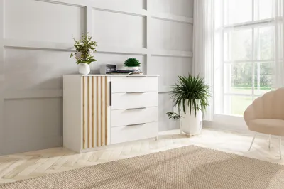 Zdjęcie produktu dla Komoda Kair 120 komoda w stylu, loftowym obudowa biała złote listwy 120x89x48 cm