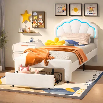 Obrázek produktu pro Čalouněná postel Fortuna Lai 90x200 cm, LED dětská postel s květinovým čelem, lamelový rošt, samet, bílá barva