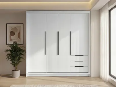 A modern, white, four-door wardrobe with black handles and three drawers on the right side, shown in a well-lit room with a plant and artwork.
