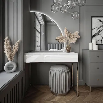 A modern vanity table with a mirror and stool in a gray room.