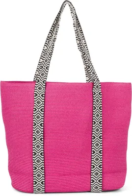 Produktbild von styleBREAKER Papierstroh Strandtasche mit Azteken Muster Bändern | Damen Flechttasche mit Reißverschluss | 50 x 37 x 13 cm