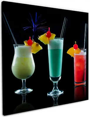 Produktbild von Wallario Premium Leinwandbild Bunte Cocktails vor schwarzem Hintergrund in Größe 50 x 50 cm