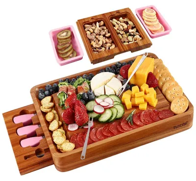 Produktbild von Käse- und Servierbrett Set aus Holz mit 2 Magnetschubladen, Rosa