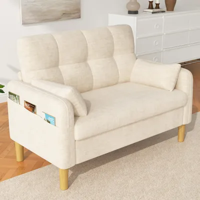 Produktbild von MODFU Kleines Sofa 2-Sitzer,Polstersofa mit Chenille-Bezug, hoher Rückenlehne und praktischer Seitentasche, Kompaktsofa Loungesofa für kleine Räume, Beige,119×78×85 cm