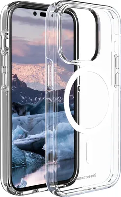 A clear protective case for an iPhone 14 Pro is shown, with the phone's screen displaying a scenic image of icebergs and mountains.