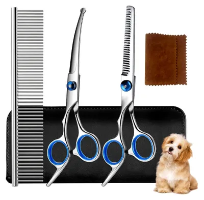 Produktbild von Hundescheren Set 5-in-1, gebogene Fellschere mit Rundspitze und Entfilzungskamm, titanbeschichtet für Hunde, Katzen und andere Tiere, Haarschere zum Schneiden von Tierhaaren