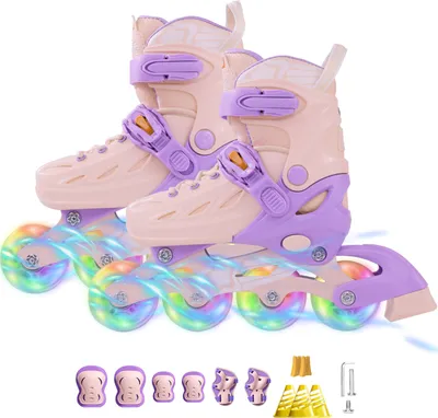 Produktbild von Inliner Skates für Kinder, Verstellbare 5 Größen Inline Rollschuhe Quad mit Leuchtenden Rädern für Mädchen Jungen,Rosa/Lila,M:33-37 EU