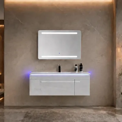 Produktbild von Faizee Home Badmöbelset 120 cm Hochglanz mit Keramikwaschbecken, LED-Spiegel und Soft-Close-Funktion