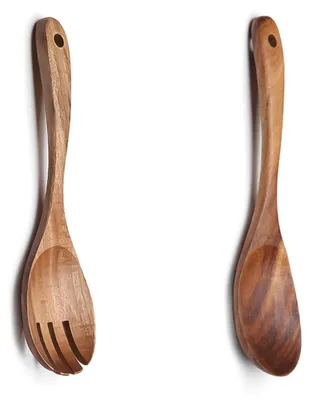 Immagine prodotto di Set di 2 utensili per insalata - Cucchiaio e forchetta per insalata in legno - Utensili da cucina in legno - Manici ergonomici - Perfetti per insalate e pasta