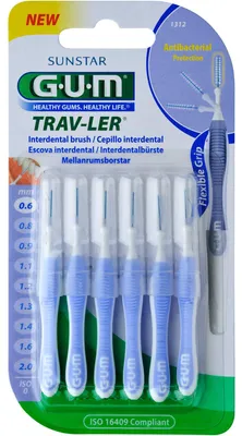 Obrázek produktu pro GUM Trav-ler 0,6 mm světle modré svíčkové mezizubní kartáčky, 6 ks mezizubních kartáčků
