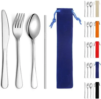 Immagine prodotto di Set di posate in acciaio inossidabile Unyqoos® per campeggio e viaggi – 4 pezzi (coltello, forchetta, cucchiaio, cannuccia), lavabile in lavastoviglie, leggero e compatto