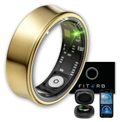 A smart ring and its accessories are displayed against a white background.