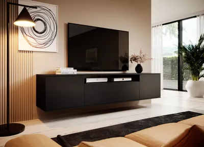 Produktbild von TV-Schrank 200 cm hängend, Fernsehtisch, Lowboard, Mattschwarz, Modernes Design, "Masimo"