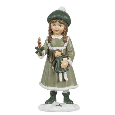 A decorative figurine of a girl holding a doll and a candle, standing on a snowy base.