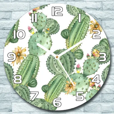 Produktbild von Wanduhr aus Glas Rund fi 30 Kakteen mit Blumen Quarz Deko Schlafzimmer Büro