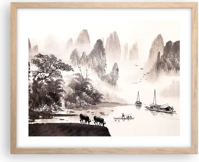 Produktbild von Gerahmtes Poster - Rahmen in heller Eiche - Chinesisch Landschaft Aquarell - 50x40 cm - Wand Bild - Wanddeko - Wandbilder - Wandposter - Bilderrahmen - Bilder - Kunstdruck - Wandbild - P2NAA50x40-4265