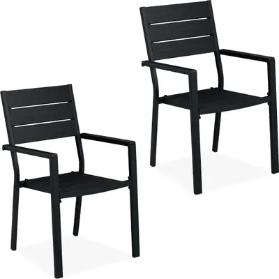 Image de Lot de 2 chaises de jardin Relaxdays, dimensions : 90 x 53,5 x 59 cm, chaises de balcon avec accoudoirs, métal, mobilier de terrasse moderne, noir
