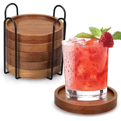 Produktbild von 6 Stück Akazienholz Untersetzer für Gläser Getränke Tassenuntersetzer mit Halter Couchtisch Deko Tischuntersetzer Holzunterse