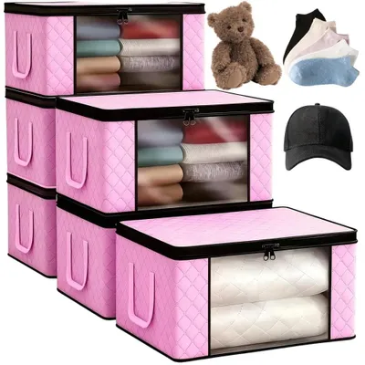 Image de Boîtes de rangement pour vêtements (lot de 6) - Boîtes pliables en tissu - Fenêtre transparente - Poignées renforcées - Fermeture éclair - Empilables - Pour vêtements et linge de lit
