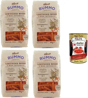 Produktbild von Rummo Maccheroncelli N° 7 Glutenfreie Pasta aus roten Linsen und braunem Reis. 4x 300 g + Italian Gourmet polpa 400g